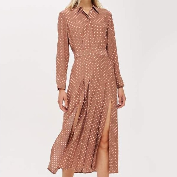 Topshop brown polka dot button down dress with leg slits - Picture 1 of 4